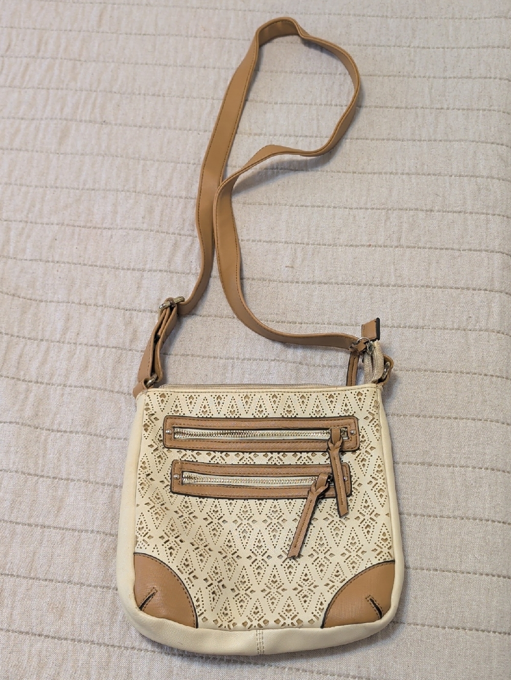 Women’s Beige Laser-Cut Crossbody Bag with Tan Trim